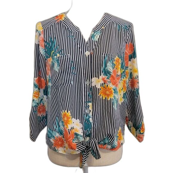 Ruby Rd. Petite Medium Floral Bluse 3/4 Roll Tab Sleeves - Picture 1 of 7